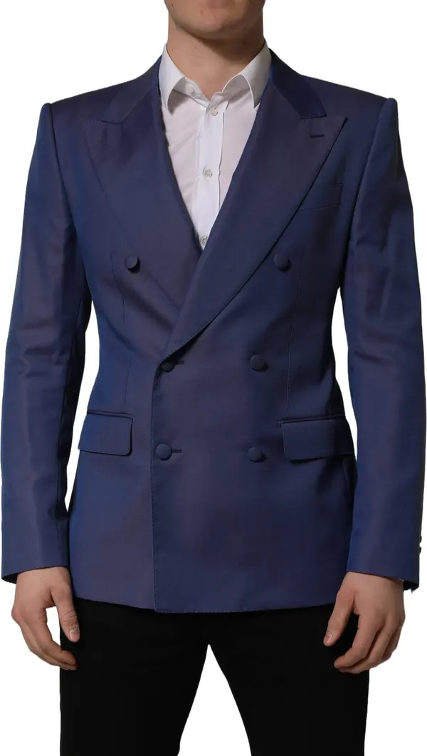 Blue Wool Double Breasted Men Blazer Jacket