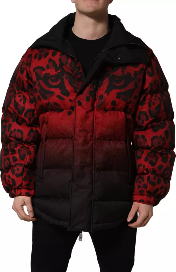 Red Black Reversible Animal Print Puffer Coat Jacket