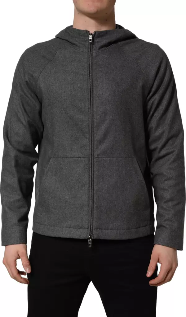 Gray Cotton Men Hooded Full Zip Bomber Jacket