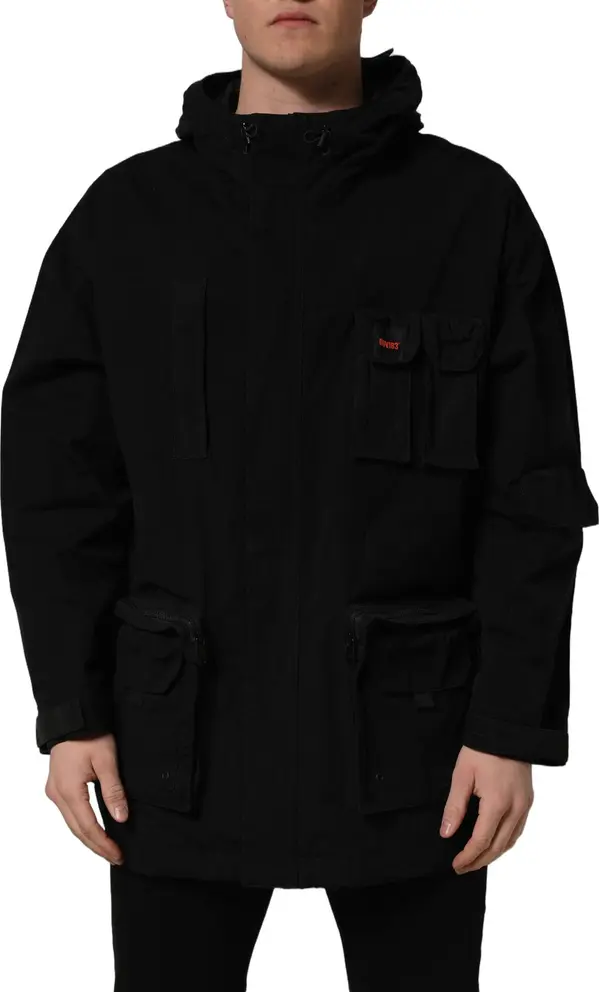 Black Nylon Men Hooded Windbreaker Jacket