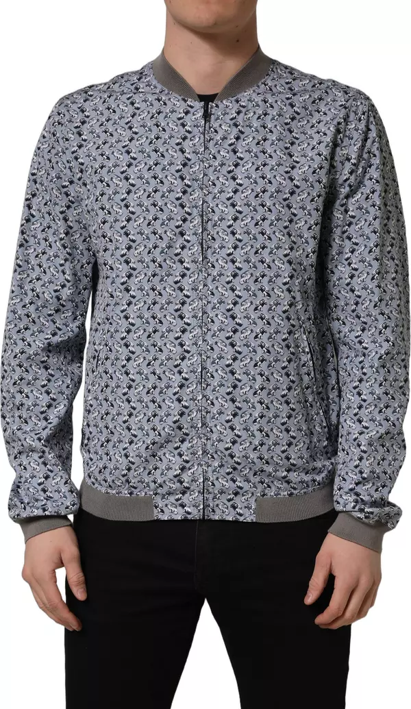 Light Blue Cotton Car Print Bomber Jacket