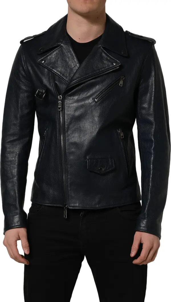 Black Leather Men Biker Coat Goatskin Jacket