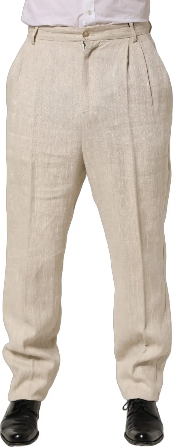 Beige Linen Tapered Men Dress Trouser Pants