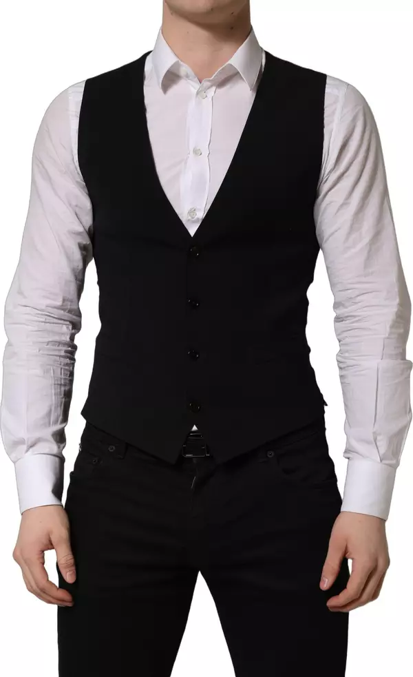 Black Wool Single Breasted Waistcoat Vest