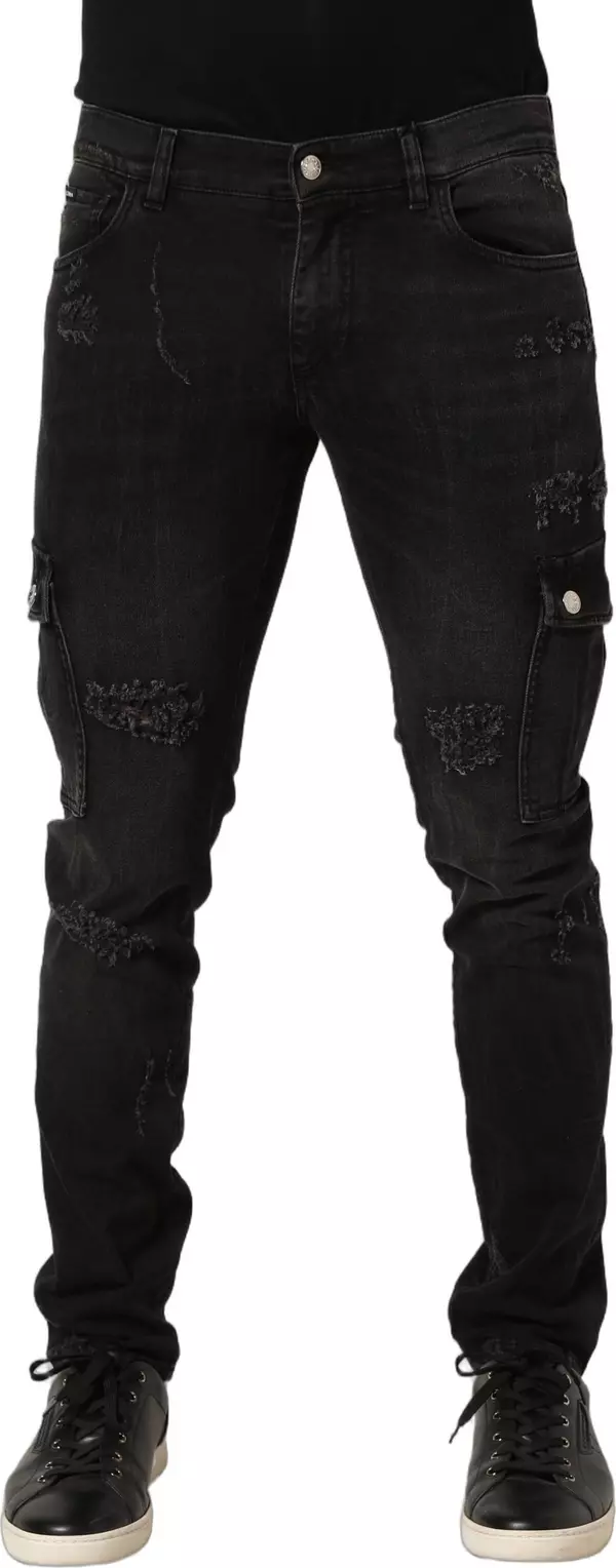 Black Distressed Cargo Cotton Men Denim Jeans