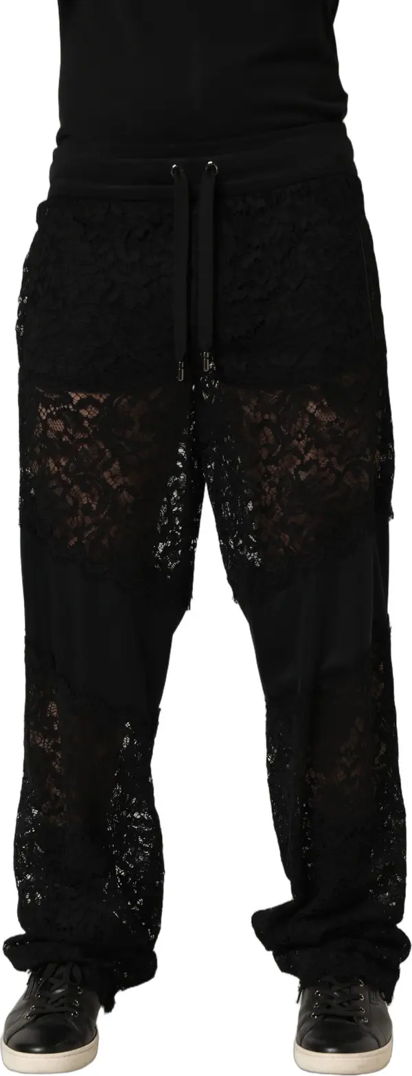 Black Lace Mid Waist Jogger Men Trouser Pants