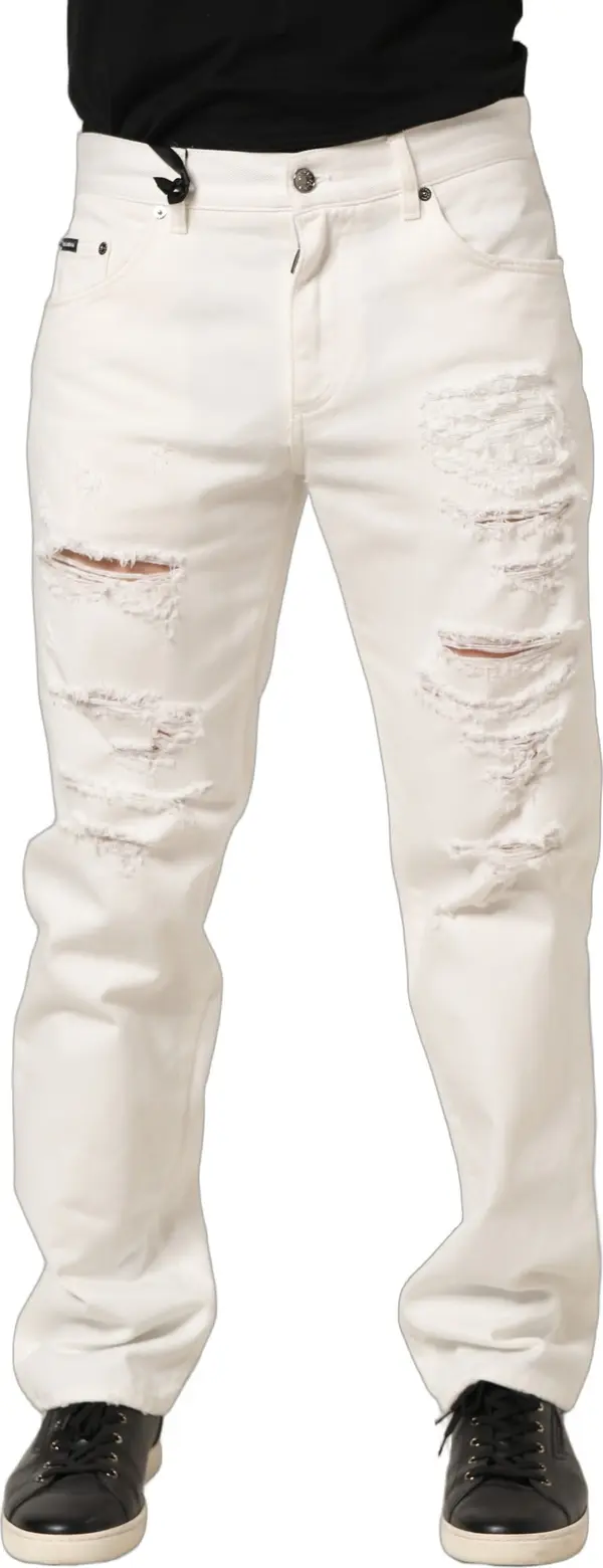 White Cotton Distressed Straight Denim Jeans
