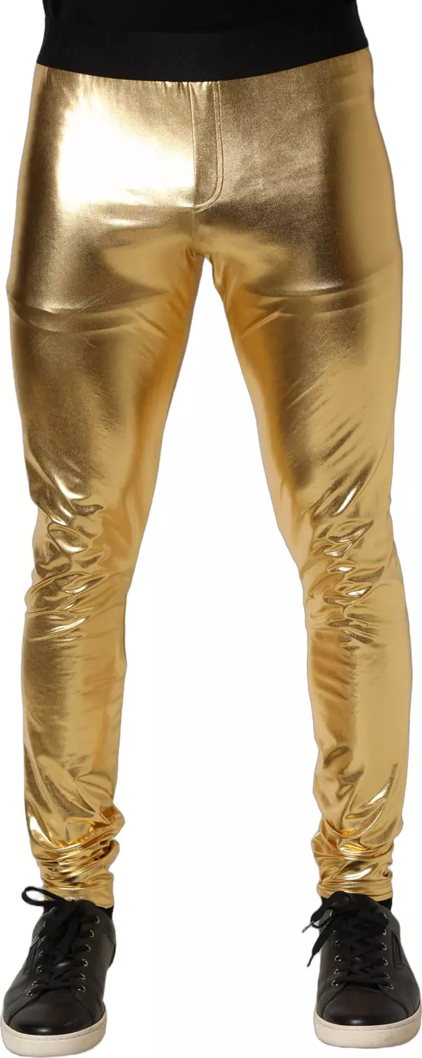 Gold Metallic Polyester Skinny Trousers Pants