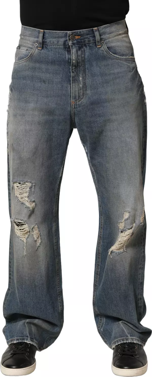 Blue Cotton Distressed Straight Denim Jeans