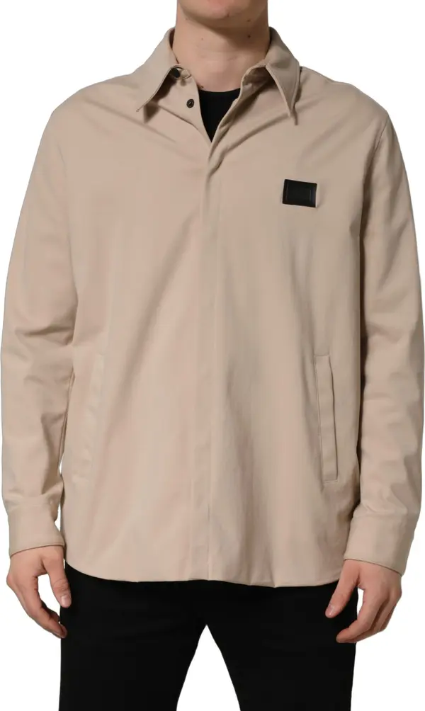Beige Logo Overshirt Cotton Men Casual Shirt
