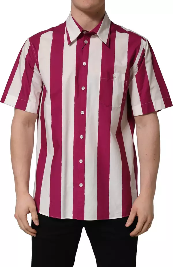 White Maroon Striped Men Short Sleeves Shirt