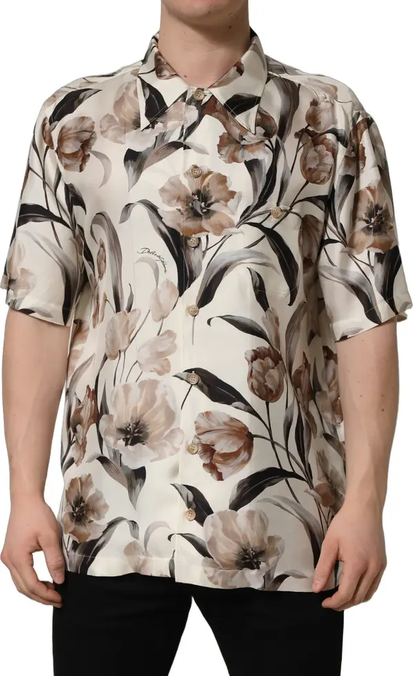 Beige Tulip Print Silk Short Sleeves Shirt