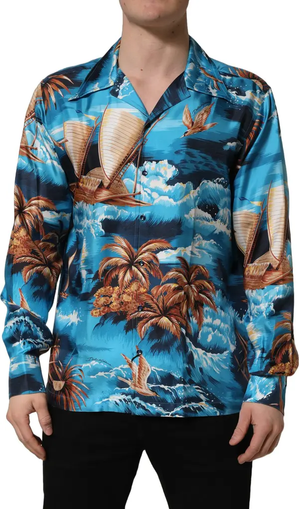Blue Silk Twill Hawaiian GraphicPrint Shirt