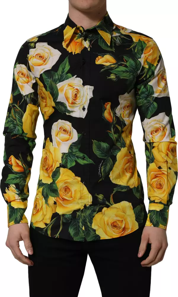 Black Floral Stretch Cotton SICILIA Fit Dress Shirt