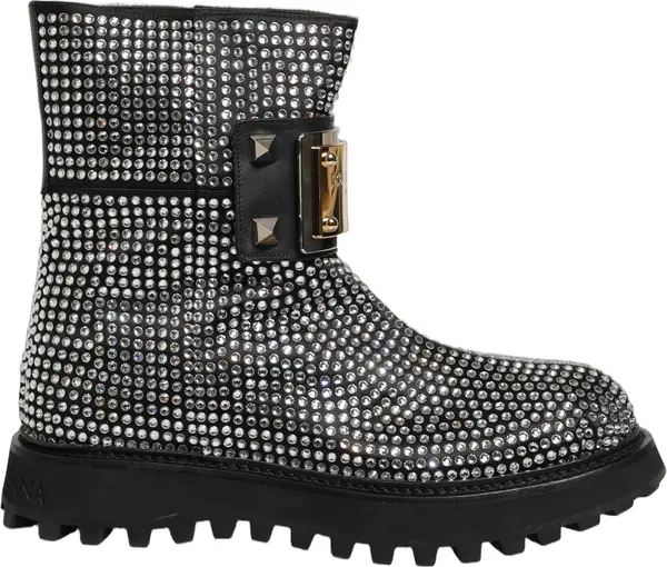 Black Crystal Embellished Short Boots Shoes