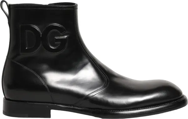 Black Leather Embossed Logo Ankle Boots Shoes