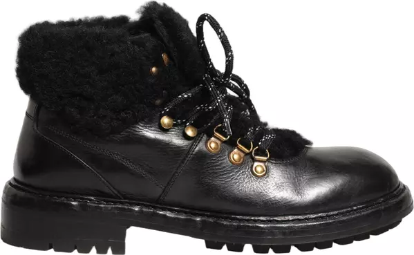 Black Trekking Fur Lace Leather Boots Shoes