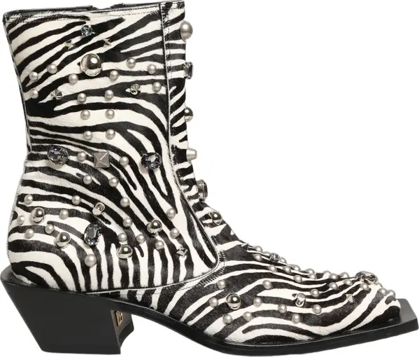 Black White Zebra Embellished Boots Shoes