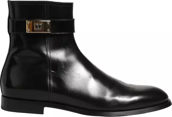 Black Leather Logo Buckle Mid Calf Boots Shoes