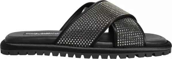 Black Strass Criss Cross Slide Sandals Shoes