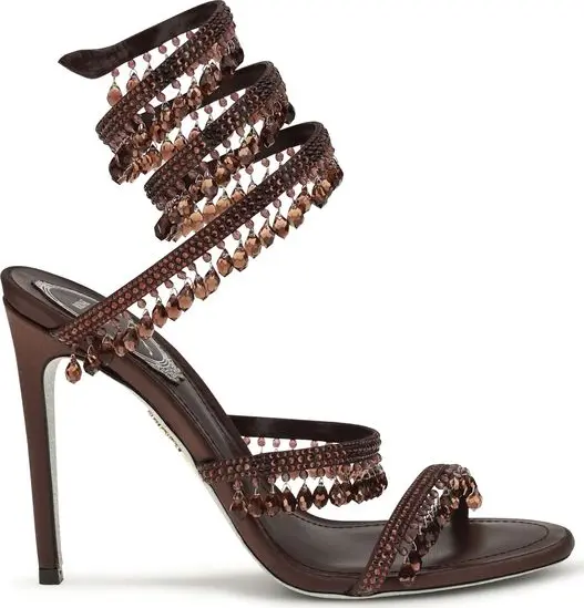 Brown Silk Stiletto Heel Sandals
