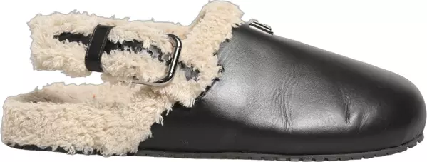 Beige Black Fur Shearling Slides Sandals Shoes
