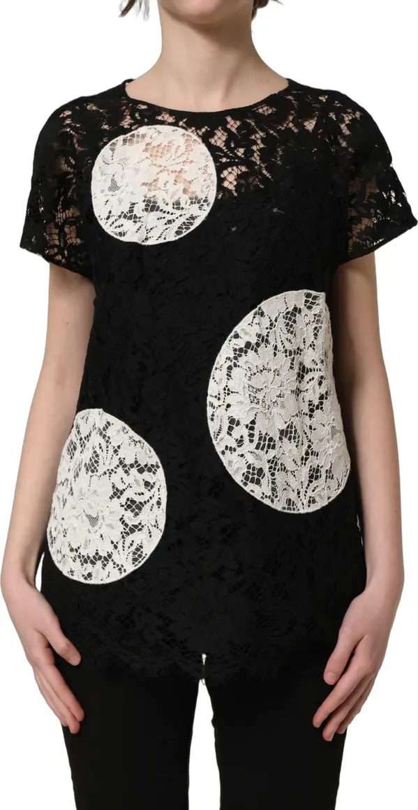 Black White Floral Lace Short Sleeve Blouse Top