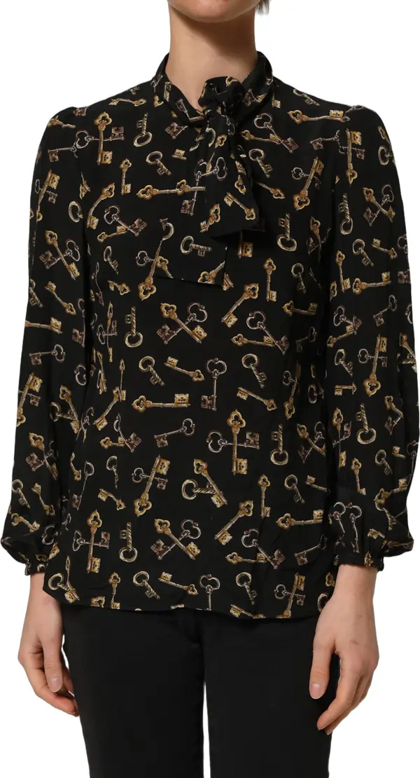Black Keys Print Silk Tie Neck Blouse Top