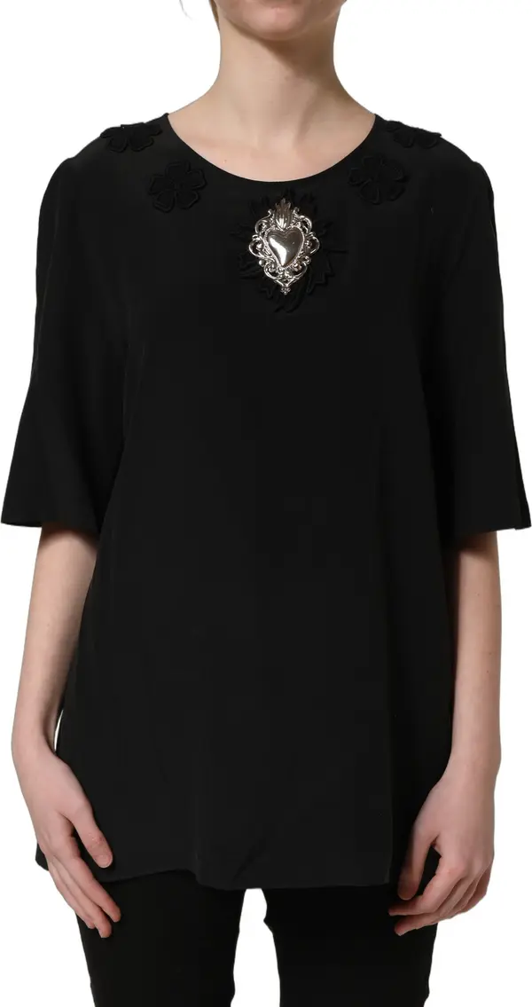 Black Floral Silk Heart Appliqué Blouse Top