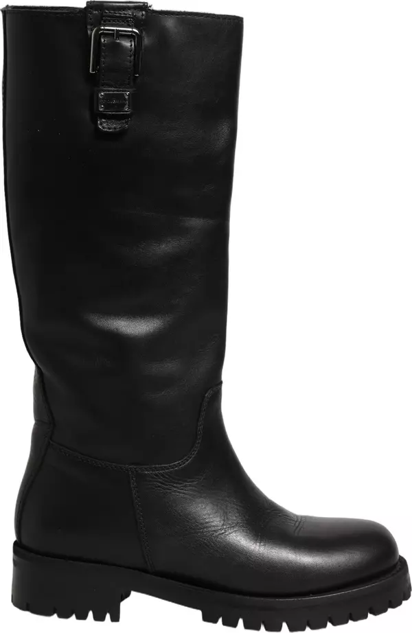 Black Leather Buckle Detail Mid Calf Boots Shoes