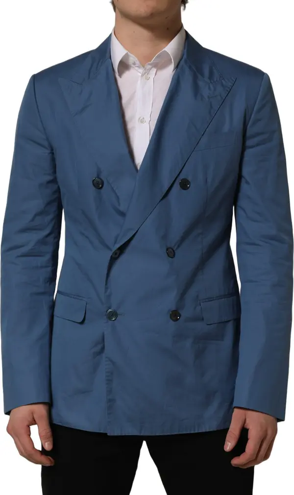 Blue Cotton Double Breasted Men Coat Blazer