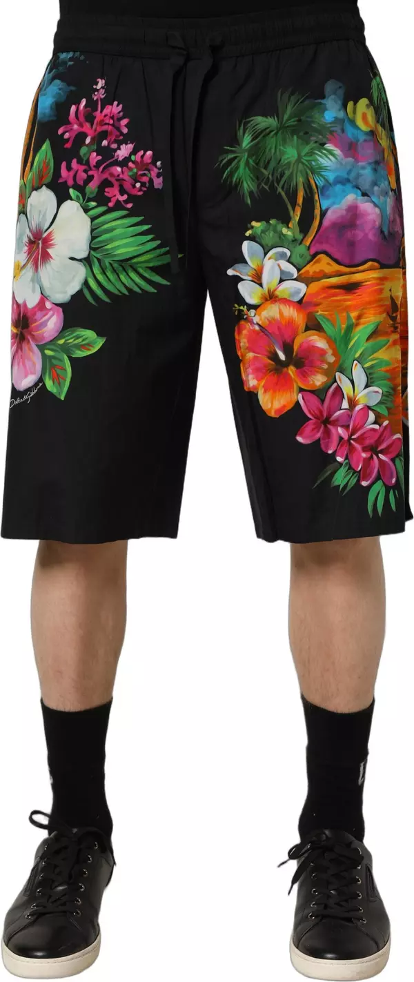 Black Cotton Tropical Floral Bermuda Shorts