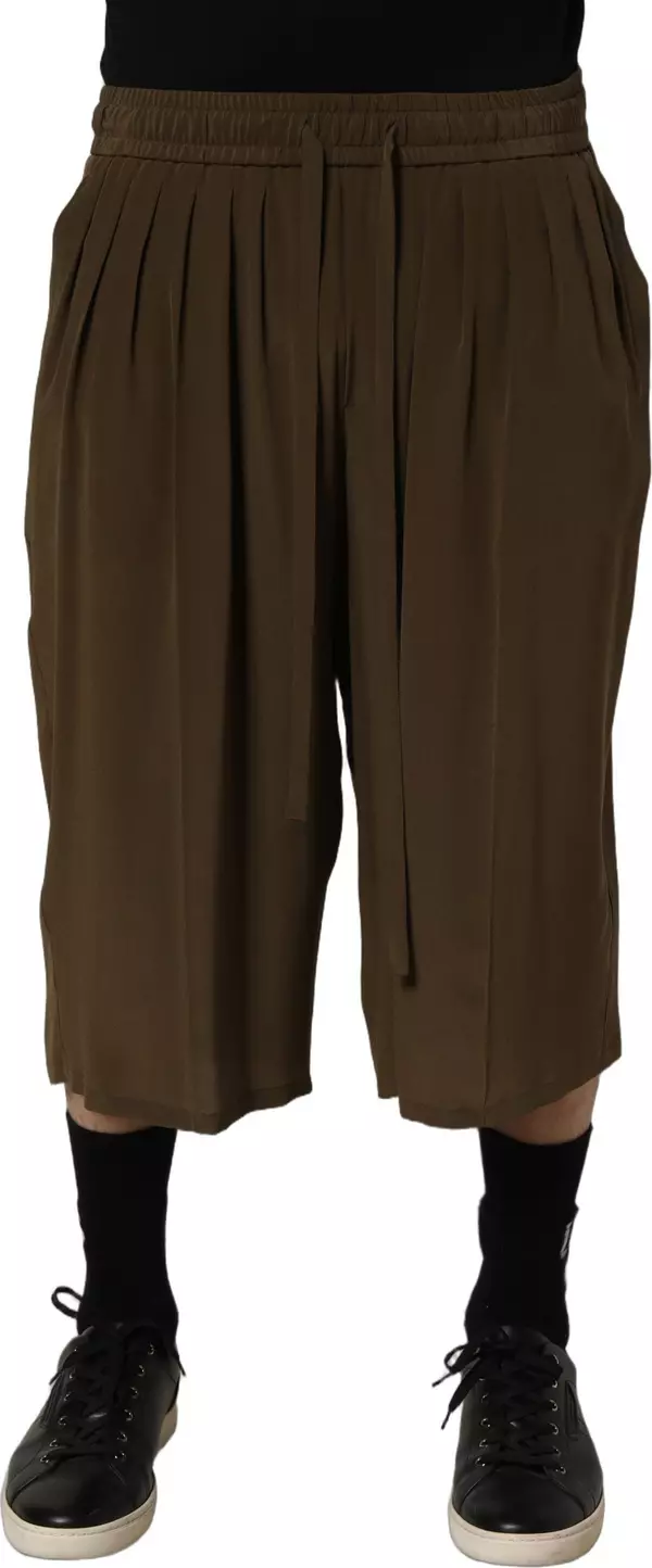 Brown Silk Mid Waist Pleated Bermuda Shorts
