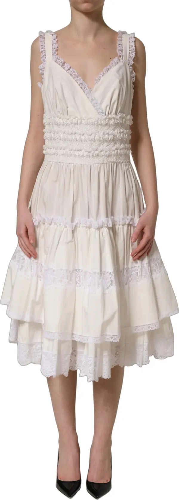 White Cotton Poplin Ruffled Midi Dress