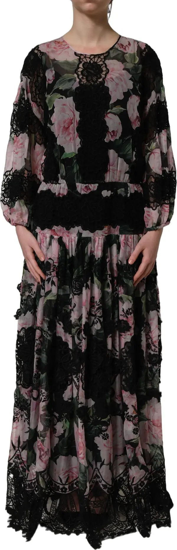 Black Floral Print Cotton Lace Maxi Dress