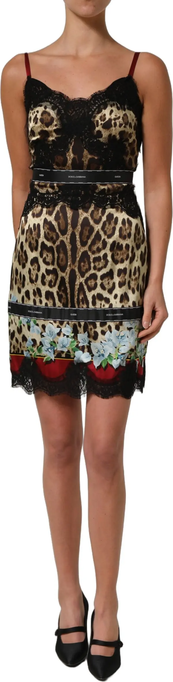 Multicolor Floral Leopard Silk Lace Trim Mini Dress