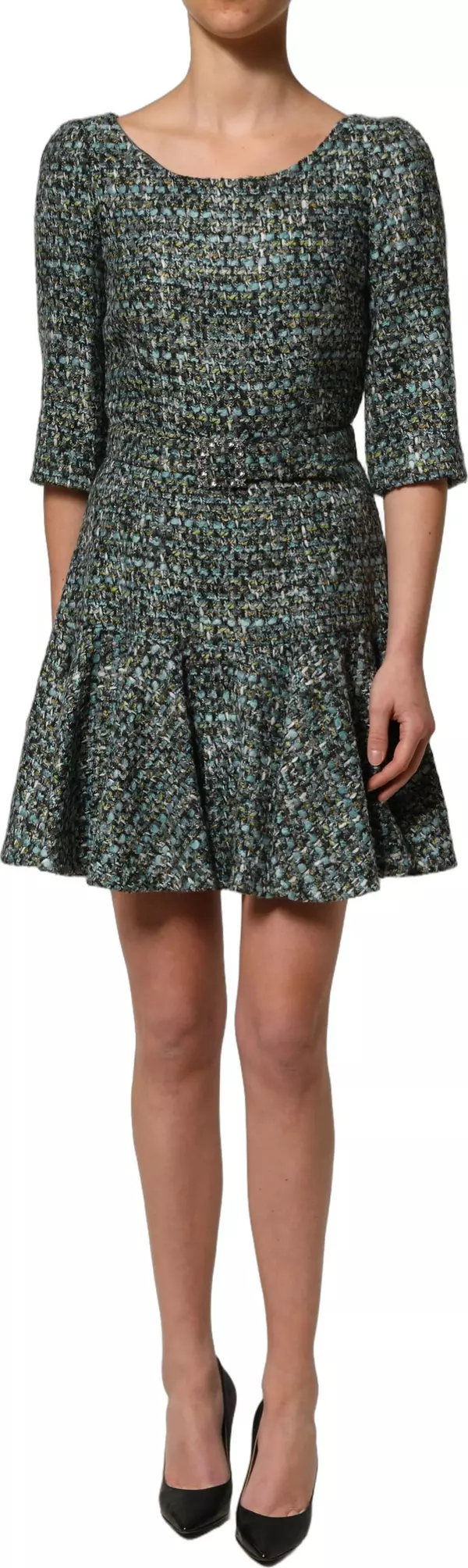 Multicolor Tweed Belted Babydoll Mini Dress