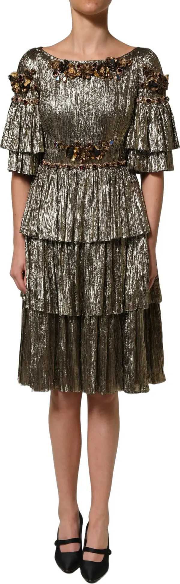 Metallic Gold Embellished Tiered Midi Dress