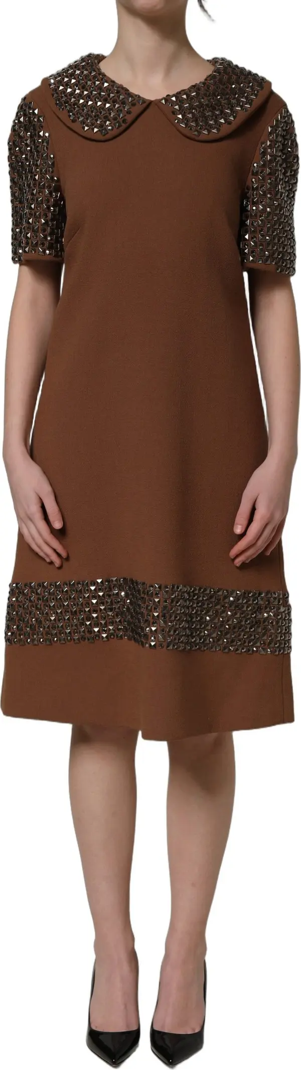 Brown Wool Rhinestone Embellished Midi Dress
