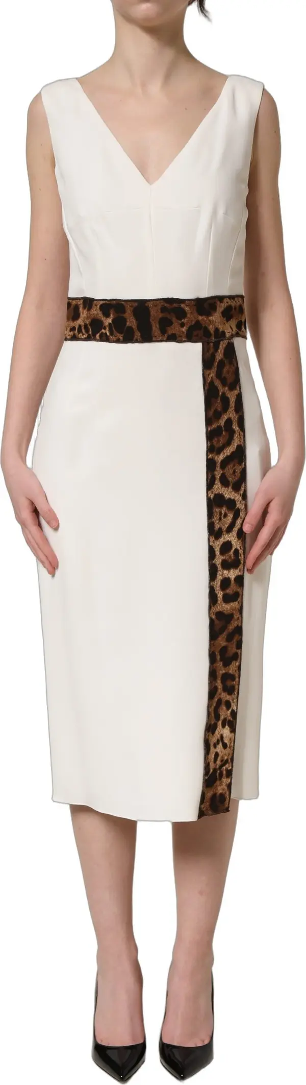 White Leopard Sleeveless Sheath Midi Dress