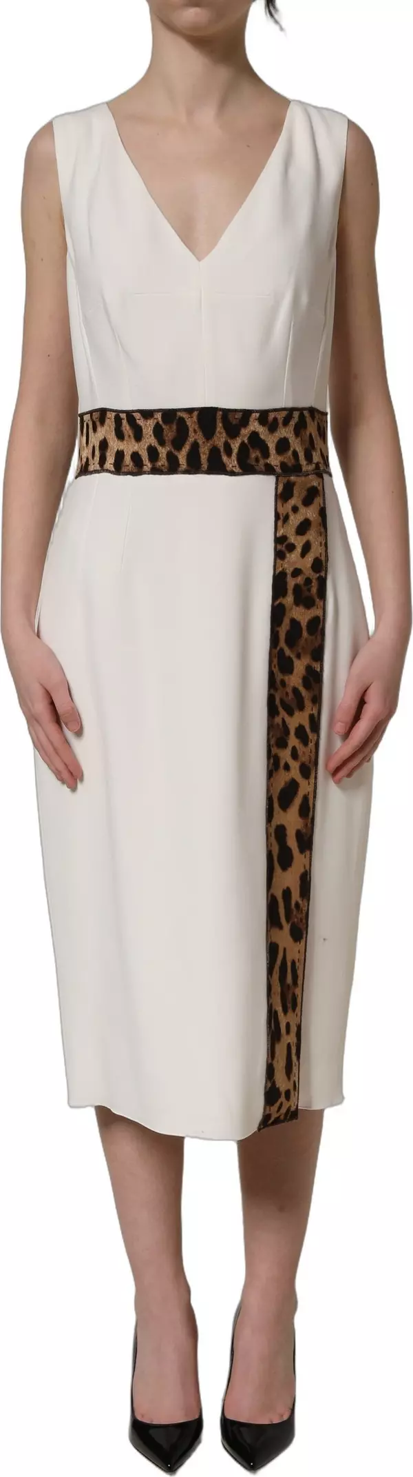 White Leopard Sleeveless Sheath Midi Dress