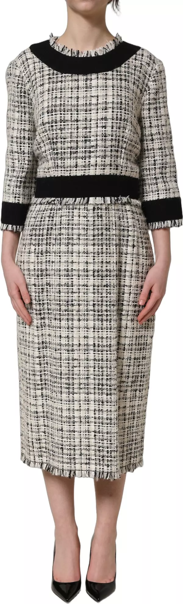 Multicolor Bouclé Tweed Frayed Trim Midi Dress