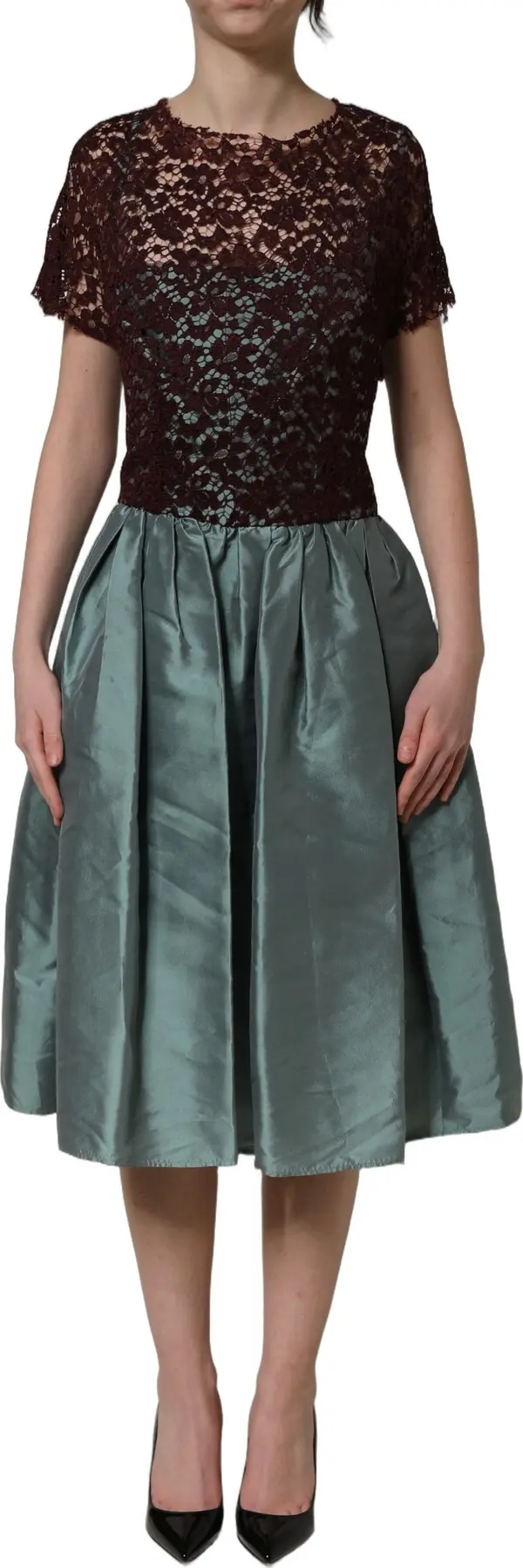 Multicolor Floral Lace Taffeta Pleated Midi Dress