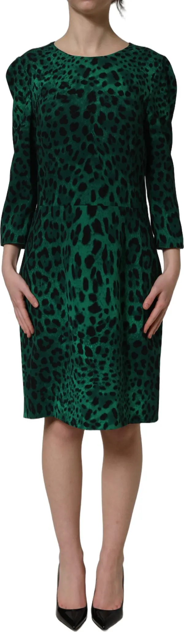 Green Leopard Print Silk Knee Length Dress