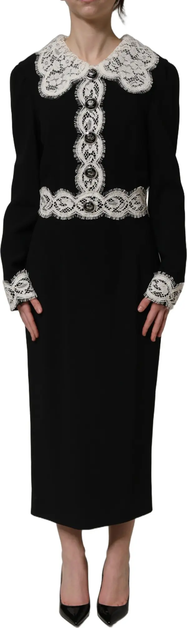 Black Lace Detailing Long Sleeves Midi Dress