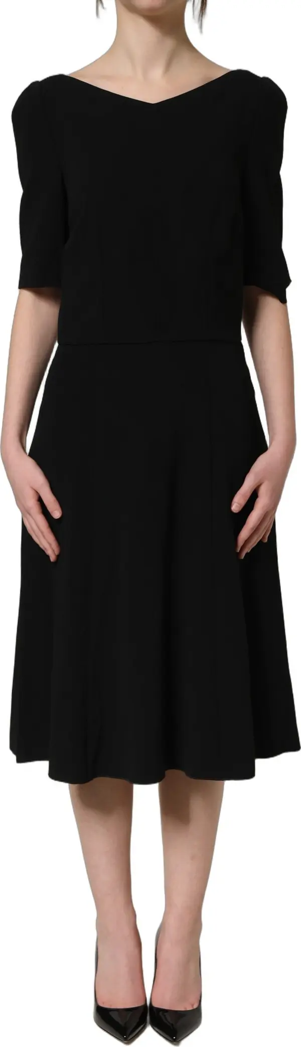 Black Viscose Short Sleeve A-line Midi Dress