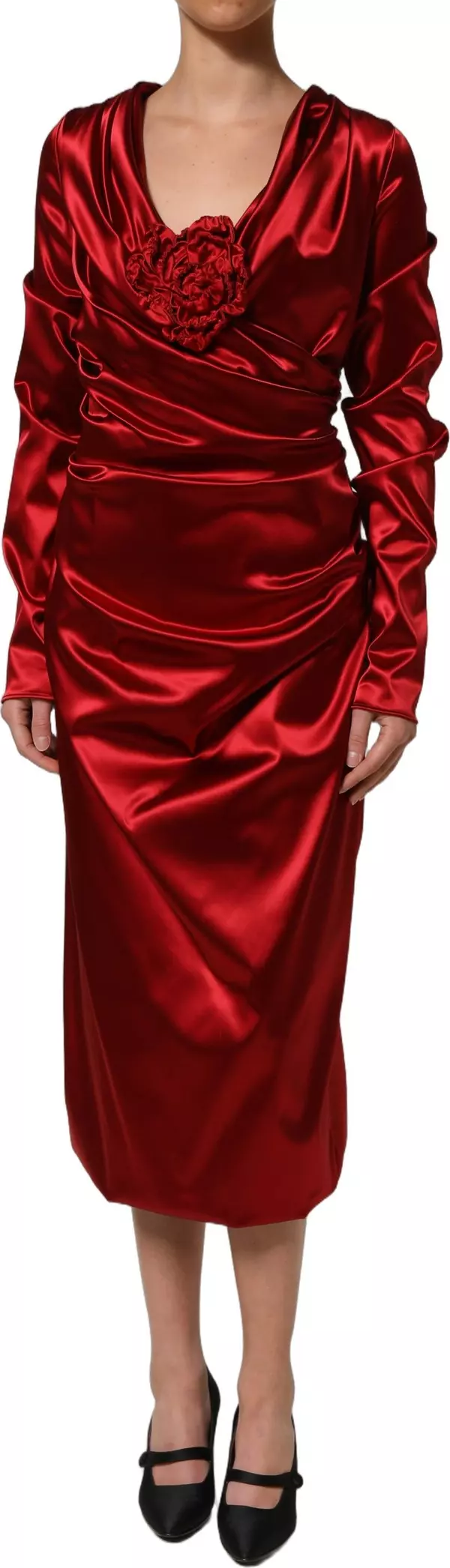 Red Silk Satin Draped Midi Floral Applique Dress