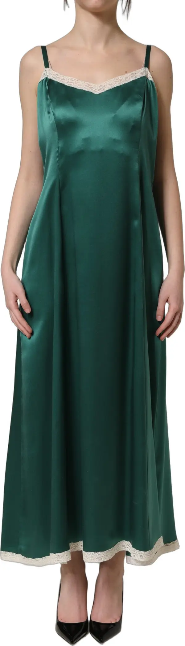 Green Satin Lace Trim Sleeveless Maxi Dress