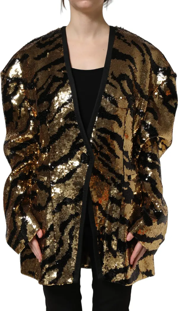 Black Gold Sequin Tiger Stripe Blazer Jacket