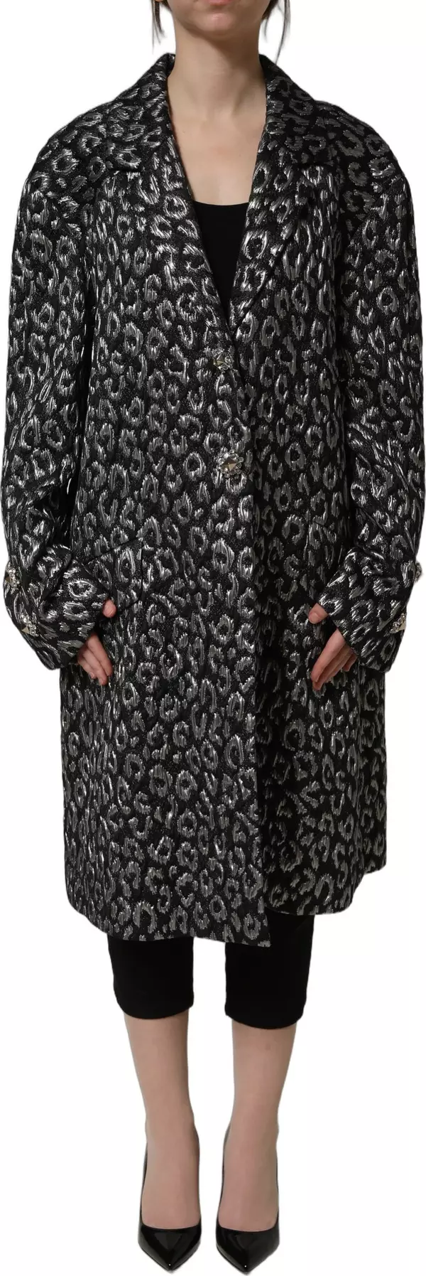 Black Silver Jacquard Leopard Coat Jacket